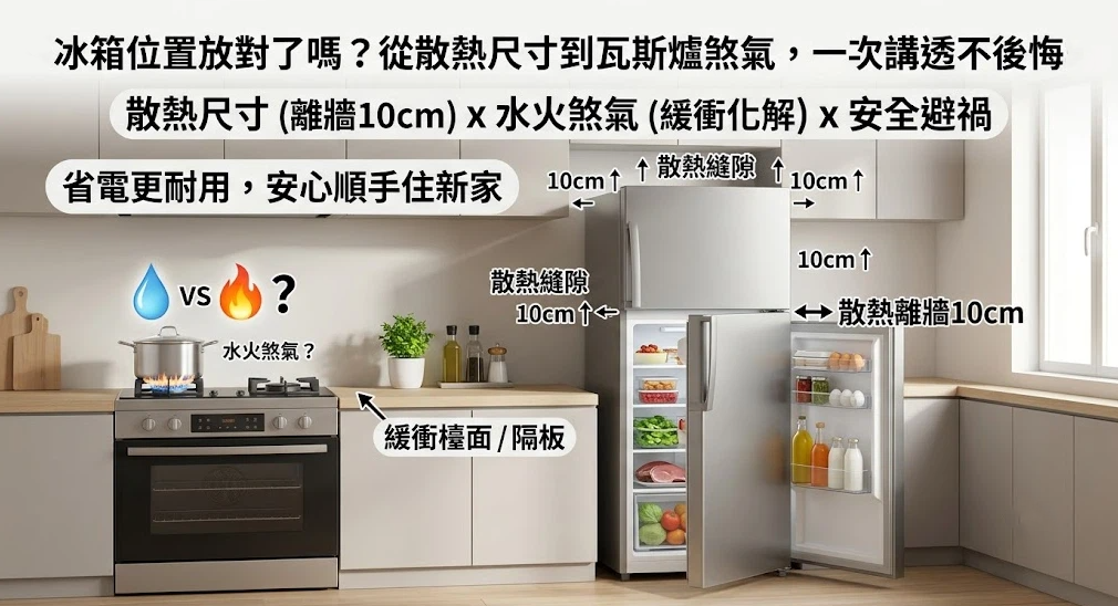 這是一幅解讀廚房「冰箱位置」實務與風水的綜合情境插畫。右側展示冰箱周圍預留 10cm 散熱縫隙以利省電耐用；左側標註瓦斯爐與冰箱之間需設置緩衝檯面或隔板，有效化解水火相剋的煞氣，打造安全順手的烹飪空間。