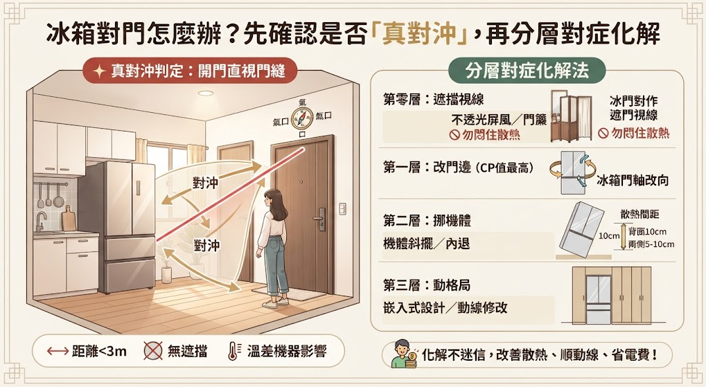 這是一張解析「冰箱對門」真對沖判定與化解策略的綜合資訊圖。左側以立體空間插畫說明，開門若直視冰箱門縫即構成對沖；右側則依序提供四個層次的實務解法：包含加裝不透光屏風遮擋視線、更改冰箱門軸轉向、微調機體斜擺，以及採用嵌入式設計重整動線，幫助讀者兼顧風水與家電散熱的科學考量來改善格局。