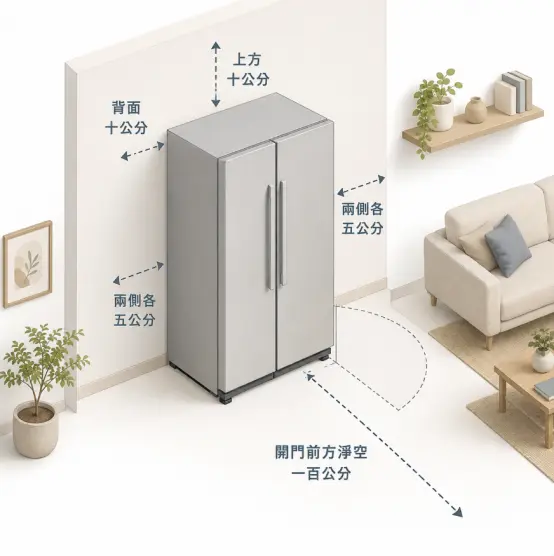 這是一幅輔助規劃「冰箱放客廳」空間尺度的立體圖卡。圖中以擺放於沙發旁的雙門冰箱為例,運用虛線與文字清晰標註了安裝時必須遵守的安全距離:上方與背面需保留10公分、兩側各留5公分以利散熱,同時提醒前方務必預留100公分的開門淨空區,幫助屋主在購買家電前精準丈量,確保機器運作效能與日常走動順暢。