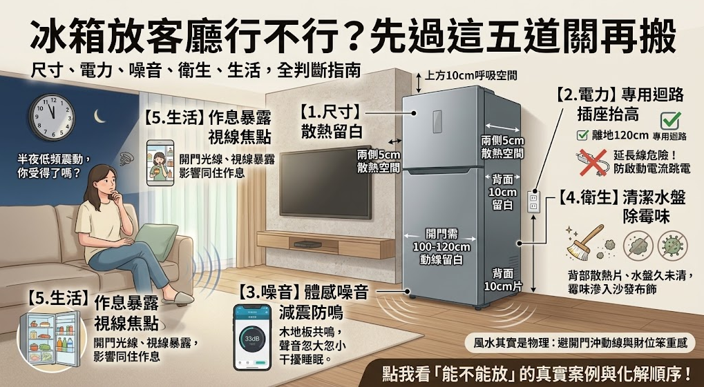 這是一張探討「冰箱放客廳」可行性的全方位評估圖解。畫面透過沙發與電視牆的客廳實景，詳細拆解出決定能否擺放的五大關鍵檢驗指標：包含散熱尺寸留白、設置專用插座防跳電、注意木地板低頻噪音共鳴、水盤衛生除霉，以及開門光線對同住者的作息干擾，引導讀者在搬動家電前，先以科學的角度審視真實的居住限制。