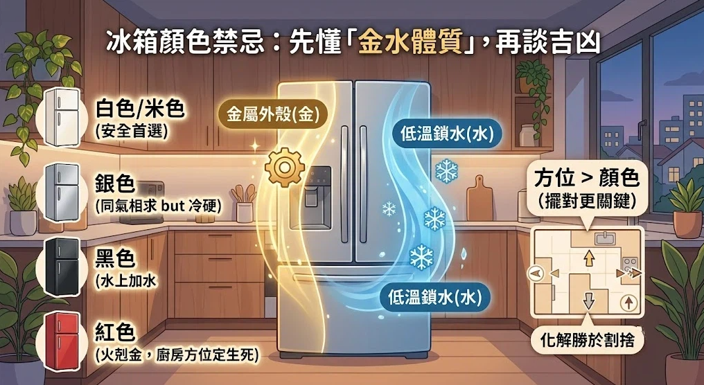 這是一幅解讀「冰箱顏色禁忌」與五行擺設的廚房情境插畫。中央展現冰箱兼具「金（金屬外殼）」與「水（低溫鎖水）」的雙重屬性；左側列出白色（安全首選）、銀色、黑色與紅色（火剋金）等色彩吉凶優缺點，右下角配有戶型圖，強調「方位重於顏色」的風水化解原則。