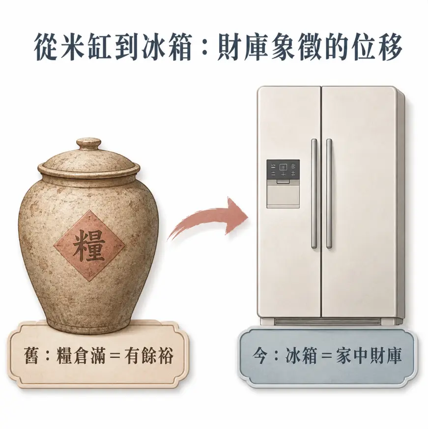 這是一幅解釋現代「冰箱風水」財庫概念起源的對比圖卡。畫面左側繪有傳統貼著「糧」字的陶瓷米缸，代表早期農業社會中「糧倉滿等於有餘裕」的觀念；透過中央的紅色箭頭引導至右側的現代雙門冰箱，直觀地向讀者說明了隨著時代與生活型態的變遷，象徵家中財富與糧食儲備的載體已經由米缸位移至冰箱，點出風水學說與時俱進的實用邏輯。