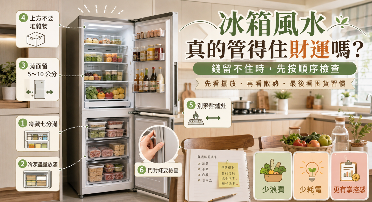 這是一張結合「冰箱風水」與實用收納的廚房圖解。畫面展示了一台打開的冰箱，詳細標註了六大守財原則：包含冷藏七分滿、冷凍盡量放滿、頂部不堆積雜物、背面預留散熱空間、遠離高溫爐灶以及定期檢查門封條；圖卡同時引導讀者透過減少食材浪費與節省電費來實踐財富管理，將抽象的風水觀念轉化為現代科學理財的日常好習慣。
