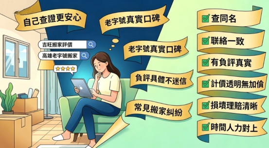這是一幅解讀如何查證「吉旺搬家」評價與口碑的資訊插畫。畫面左側一名女性坐在沙發上使用平板搜尋「吉旺搬家評價」與「高雄老字號搬家」；右側以六個黃色卷軸條列查同名、聯絡一致、計價透明無加價、損壞理賠清晰等核對清單，教導消費者如何理性評估口碑並避開搬家糾紛。