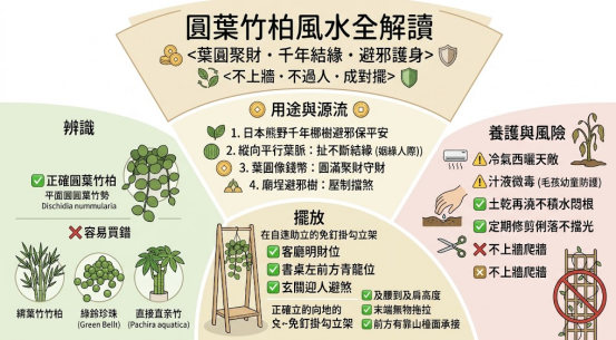 這是一張全面解析「圓葉竹柏風水」的綜合教學圖。畫面清晰劃分為三大區塊：左側教導辨認真實的平面圓葉特徵以防買錯；中央解析其平行葉脈招人際、圓葉聚財的文化寓意，並建議將立架擺放於客廳明財位或玄關迎人避煞；右側則提醒需避開冷氣西曬，並注意汁液微毒防護毛孩，用簡單的圖文概括了從挑選到照顧的完整開運邏輯。