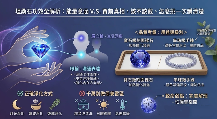 這是一張詳解「坦桑石功效」與挑選保養的實用圖文攻略。畫面左側說明其對應喉輪與眉心輪，有助於疏通表達與啟發直覺；右側對比了寶石裸石與串珠手鍊的品質差異；下方則清楚列出月光、聲波等正確淨化法，並特別警告不可使用超音波清洗或高溫曝曬，提醒讀者注意其完美解理怕撞擊的物理弱點。