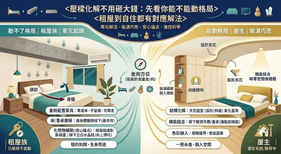 這是一幅解析「壓樑化解」應對策略的雙對比情境插畫。左側針對「動不了格局」的租屋族，展示移床避開橫樑與懸掛葫蘆等零成本解法；右側針對「能動格局」的自住屋主，展示利用弧形天花造型柔化直角、樑下作頂天櫃體與間接照明等裝修思維，引導讀者依據居住身分彈性避煞。