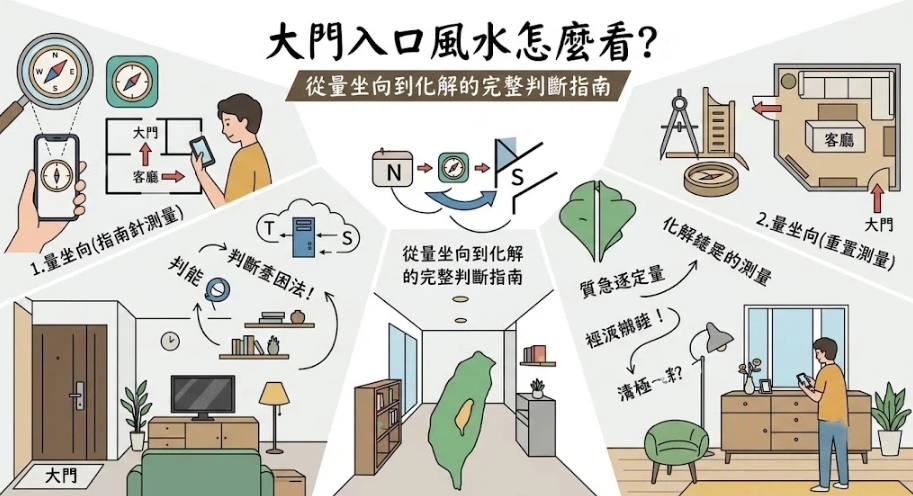 這是一幅解讀「大門入口風水」判斷步驟的扇形分區資訊插畫。畫面環繞展示從使用手機指南針量測房屋坐向、對照平面圖重置測量，到室內大門玄關與客廳擺設的煞氣判斷，引導讀者循序漸進完成大門風水實測與化解。