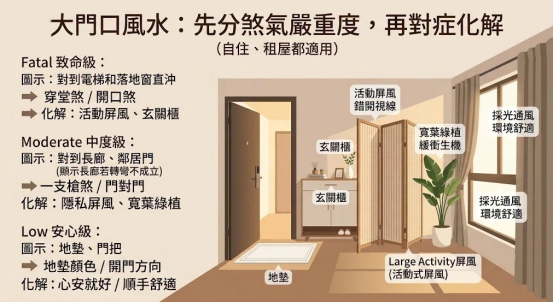 這是一幅解析「大門口風水」煞氣等級與化解對策的溫馨居家插畫。左側條列致命級（穿堂煞/開口煞）、中度級（一支槍煞/門對門）與安心級三分法；右側以實景展示大門入口處透過玄關櫃、活動屏風錯開視線，並搭配寬葉綠植與地墊，示範自住與租屋皆適用的對症化解佈局。