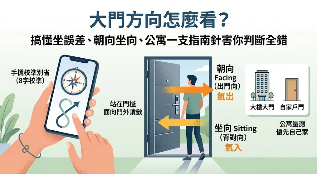 這是一幅解答「大門方向怎麼看」的實用指南插畫。畫面中央展示人站在門檻面向門外，以箭頭清晰區分朝向（面向門外/出門向）與坐向（背對門內/進門向）；左側示範手機指南針 8 字校準，右側說明公寓大樓應優先以自家戶門作為量測基準，幫助讀者精準判斷方位。