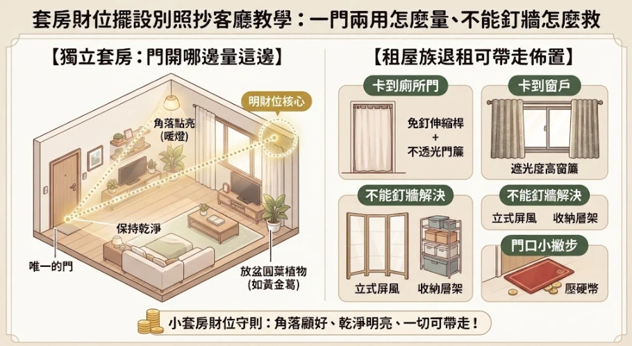 這是一張極簡風格的「套房財位擺設」平面佈局對照圖。畫面由左至右分別展示獨立套房、分租套房與夾層套房三種常見格局，清晰標示出因內部動線與隔間差異而產生的不同財位落點。下方附帶三大操作心法，教導讀者先看入口門再找最穩定的斜對角角落，並提醒保持該區域的整潔與明亮，避免堆放雜物。