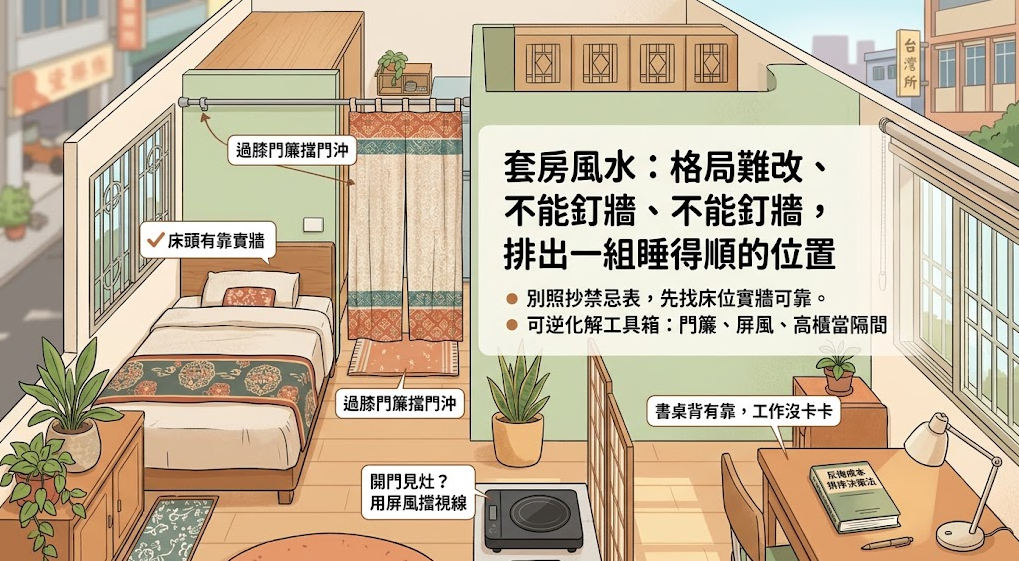 這是一張解析「套房風水擺設」的立體格局示意圖。畫面針對租屋族無法釘牆改格局的痛點，示範如何運用過膝門簾化解門沖、以屏風阻擋開門見灶的視線，並確保床頭與書桌後方皆有實牆可靠，教導讀者運用簡單可逆的軟裝道具，輕鬆打造安穩無壓力的居住環境。