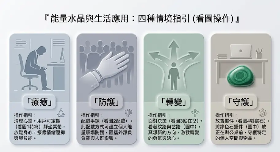 這是一幅將「孔雀石功效」融入日常生活的四宮格情境指引圖卡。畫面清晰劃分為療癒、防護、轉變與守護四個實用面向,透過直觀的圖示與具體的操作步驟,教導讀者如何在靜坐中專注內心深呼吸、在人群裡配戴手鍊建立能量屏障,或是將綠色的孔雀石擺放於辦公桌來守護特定空間,引導大眾將水晶能量落實於真實生活中。