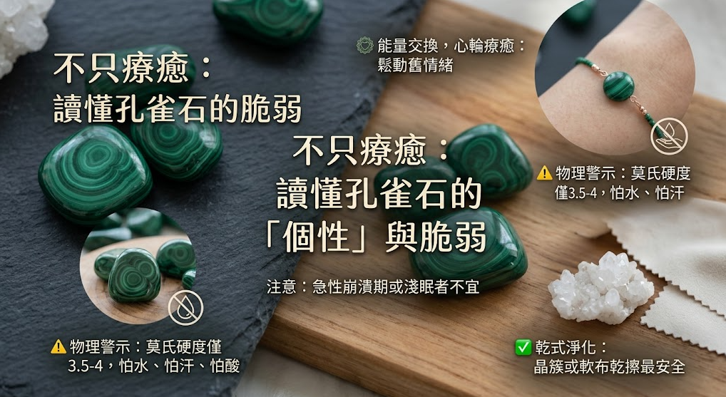 這是一張詳解「孔雀石功效」與保養守則的實物圖文攻略。畫面以天然孔雀石為主體，點出其鬆動舊情緒的心輪療癒能力，同時嚴格提醒其莫氏硬度低且怕水、怕汗的物理脆弱「個性」；圖中明確建議使用晶簇或軟布進行乾式淨化，更貼心標註急性崩潰期或淺眠者不宜配戴，幫助讀者安全且正確地運用這份療癒能量。