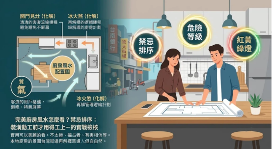 這是一幅解析「完美廚房風水」動工前規劃的插畫。右側一對男女正在中島檯前討論廚房設計圖；左側結合戶型動線圖，標註開門見灶與水火煞等禁忌排序及化解對策，引導讀者在裝修前進行實戰檢核，兼顧現代實用與傳統風水和諧。