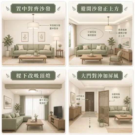 這是一幅歸納「客廳主燈風水」四大常見情境與化解方式的四宮格圖卡。畫面分別示範了理想狀態下的吊燈置中對齊沙發，以及當遇到壓迫時應將燈具偏移避開沙發正上方；同時建議在橫樑下方改用輕薄的吸頂燈以減輕視覺壓力，並補充當大門直沖客廳時，可運用屏風來化解煞氣，提供讀者一套簡單實用的居家照明風水對策。