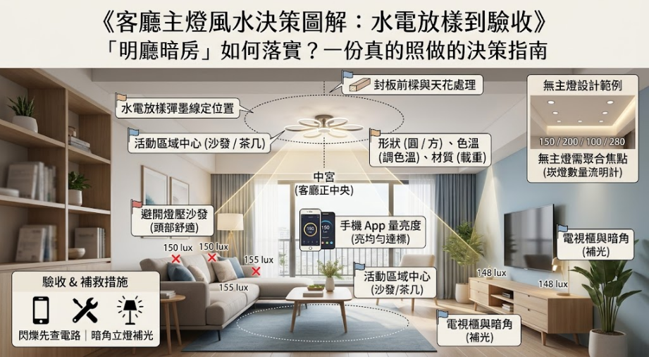 這是一張探討「客廳主燈風水」實務操作的空間解析圖。畫面以客廳正中央（中宮）為基準，詳細標註了從水電放樣定位、避開燈壓沙發禁忌，到利用手機App實測亮度（lux）以確保光線均勻達標的完整流程；圖中也特別提供無主燈設計的補光範例，教導讀者如何透過科學測量與輔助光源，真正落實「明廳暗房」的好風水格局。