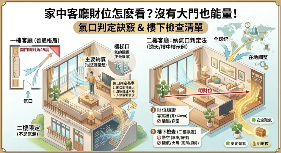 這是一幅解析「客廳在二樓財位怎麼看」的透天厝 3D 立體剖面插畫。畫面指出二樓樓梯僅為氣流通道，應以最大採光面的落地窗作為「主要納氣口」，並順著氣流斜對角找出明財位。同時附帶「樓下檢查」清單，提醒確認財位下方需避開車庫懸空或廁所廚房等穢氣，幫助讀者確保二樓客廳能穩定聚氣。