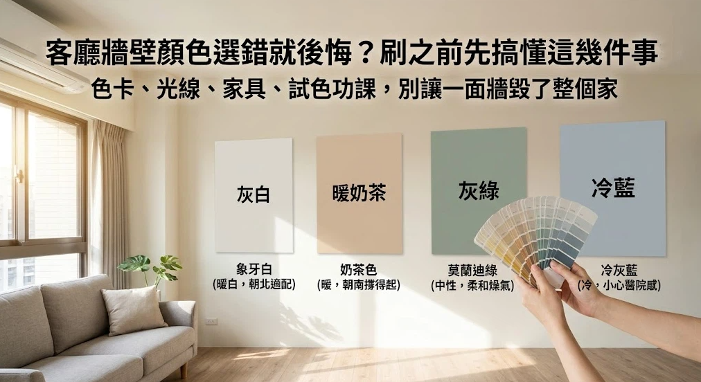 這是一幅解讀「客廳牆壁顏色」選色要點的居家實景插畫。牆面上展示灰白（象牙白）、暖奶茶、灰綠（莫蘭迪綠）與冷藍（冷灰藍）四種色塊，右手拿著扇形色卡進行比對；下方標註各色彩屬性與適配朝向（如暖白適配朝北、奶茶色撐得起朝南），提醒讀者刷牆前綜合考量色卡、光線與家具搭配。