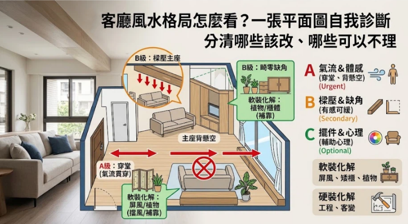 這是一張幫助檢視「客廳風水格局」的3D平面透視圖。圖中將常見的風水問題依輕重緩急分為三個層級：最優先處理的A級為穿堂煞與沙發背懸空，其次B級為樑壓主座與畸零缺角，C級則是擺飾心理學；畫面同時直觀地示範了如何靈活運用屏風、高櫃或綠色植栽等軟裝道具，在不敲牆改建的情況下，輕鬆化解空間中的不良煞氣。
