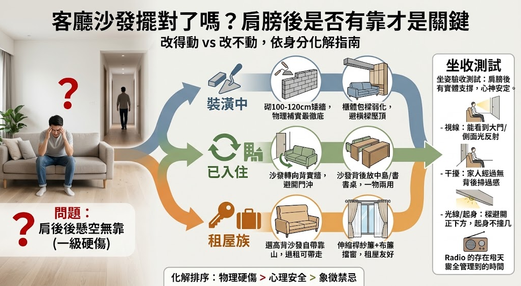這是一張解析「客廳風水沙發」背後懸空問題的實務化解圖解。畫面左側點出沙發無靠帶來的不安感，右側則依據裝潢中、已入住與租屋族三種不同身分，分別提出砌半高牆、轉向背靠書桌或選用高背沙發等具體對策；圖中更貼心附上視線與動線的「坐收測試」清單，幫助讀者依據自身條件，輕鬆打造出具備安全感與好風水的客廳靠山。