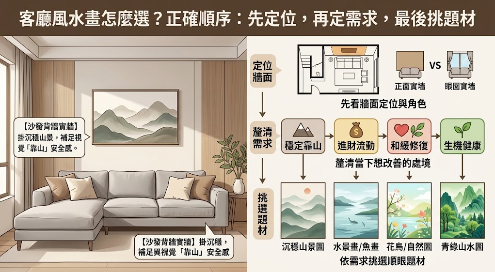 這是一張解析「客廳風水畫」挑選邏輯的實景教學圖。畫面左側展示在沙發實牆後方懸掛沉穩山景圖以補足視覺安全感；右側則歸納出「先定位、再定需求、最後挑題材」的正確決策順序，並詳細列出對應穩定靠山、進財流動、和緩修復與生機健康等四大訴求的畫作種類，幫助讀者精準挑選出最適合自身處境的風水掛畫。