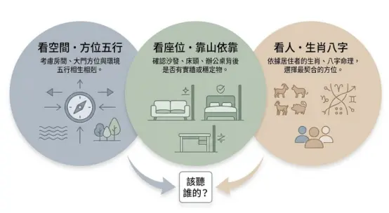 這是一幅探討「客廳風水畫」及傢俱佈置底層邏輯的決策觀念圖卡。畫面透過三個並列的圓圈,點出風水評估的三大核心面向:包含考量大門方位相生相剋的「空間五行」、確認沙發背後是否有實物依託的「座位靠山」,以及搭配居住者命格的「生肖八字」;圖卡下方以箭頭匯聚並拋出優先順序的疑問,引導讀者在規劃居家佈局時,必須綜合權衡這三方要素來找出最佳解答。