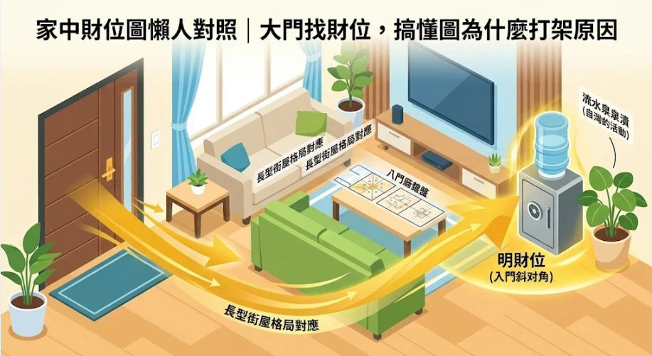 這是一幅解析「家中財位圖」定位與催旺佈局的客廳實景插畫。畫面以黃色氣流箭頭從大門延伸至斜對角角落，標註為「明財位」，並示範在此處擺放保險箱、飲水機與闊葉綠植，茶幾上附有長型街屋格局與八門底盤對應，引導讀者直觀掌握客廳聚財點。