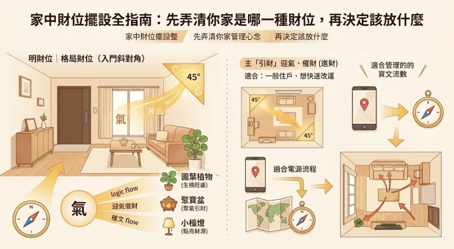 這是一幅解析「家中財位擺設」與迎氣引財的實戰資訊插畫。畫面左側展示入門 45 度斜對角的明財位，標註在此處擺放圓葉植物（生機）、聚寶盆（聚氣）與小檯燈（點亮財源）的催旺法；右側搭配羅盤與戶型圖說明引財流程，引導讀者依據財位類型選擇合適的開運物件。