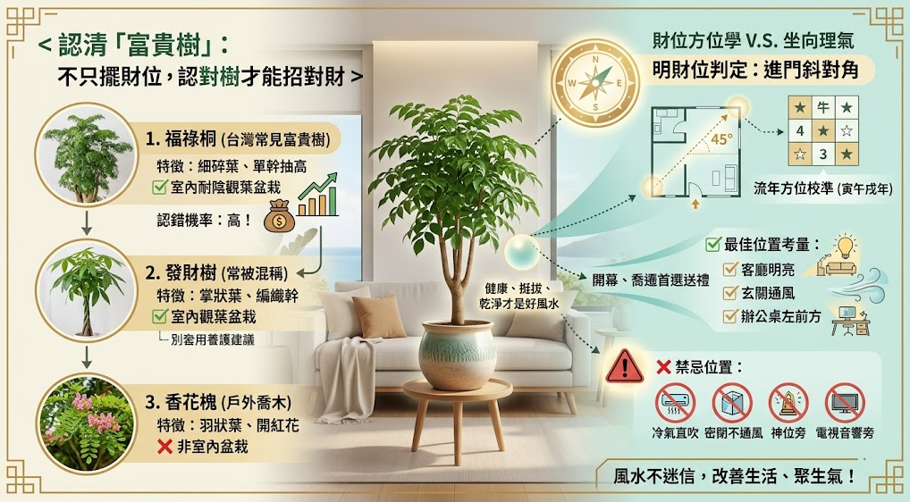 這是一張解析「富貴樹風水」的綜合教學實景圖。畫面左側教導讀者如何正確分辨福祿桐、發財樹與香花槐三種常被混稱的植物；右側則結合客廳實景與平面格局圖，示範如何找出進門斜對角45度的明財位，並詳細列出最佳擺放位置與避開冷氣直吹、神位旁等四大禁忌，幫助讀者挑對樹種並放對吉位以招財納福。
