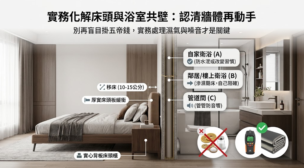 這是一張解析「床頭與浴室共壁化解」的實務空間剖面圖。畫面直觀呈現了臥室與衛浴相連的共用牆面，明確指出應放棄盲目懸掛五帝錢或灑鹽等無效迷信，改採科學的物理防護手法；圖中具體建議將床鋪移開牆面10至15公分、搭配厚實的床頭板作為緩衝，並運用濕度計與隔音墊來對抗濕氣與噪音，引導讀者從根本解決睡眠干擾。