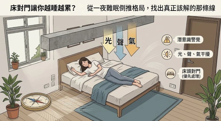 這是一幅解讀「床對門」如何造成越睡越累的臥室情境插畫。畫面展示女子躺在床上輾轉難眠，標註門口帶來的光線、聲音與氣流干擾以及潛意識警覺，並特別指出「床頭對門」屬於最需要優先處理的房型格局，幫助讀者從科學與風水角度倒推睡眠問題。
