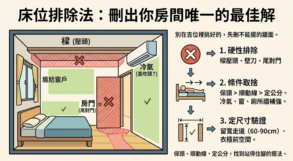 這是一張解析「床的位置」風水佈局的實用排除法教學圖。畫面左側以房間立體透視圖標出樑壓頭、冷氣直吹與床尾對門等紅色禁忌區域；右側則歸納出硬性排除、條件取捨及尺寸驗證三大步驟，引導讀者優先避開風水地雷，再兼顧走道動線與衣櫃開門空間，逐步篩選出臥室內最理想且無壓迫感的最佳擺放方案。