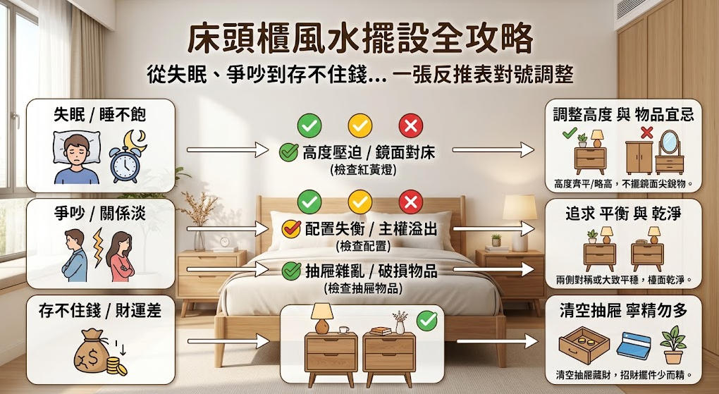 這是一張透過生活困擾反查「床頭櫃風水擺設」的實用對照圖。畫面將失眠、伴侶爭吵與漏財等常見問題，精準對應到櫃體過高壓迫、左右佈局失衡或抽屜雜亂等風水盲點；右側則直接給予改善建議，教導讀者藉由調整高度避開鏡面、維持兩側視覺平衡，以及清空抽屜保持整潔，來化解臥室裡的風水地雷。