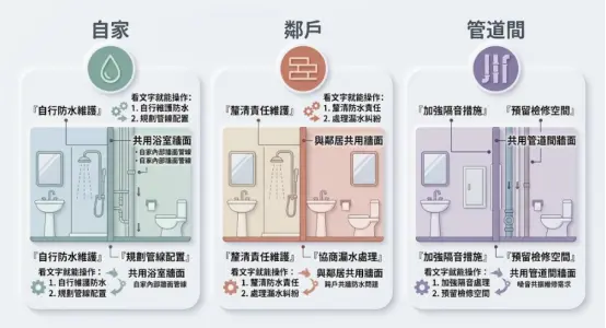 這是一幅輔助執行「床頭與浴室共壁化解」的牆體來源分類對照圖卡。畫面由左至右將牆體背後的情境分為自家衛浴、鄰戶衛浴與管道間三大類,並分別提供具體的操作指引:自家需落實防水維護與管線配置,鄰戶需釐清漏水責任與協商修繕,而面對管道間則必須加強隔音措施並預留檢修空間。透過清晰的分類歸納,幫助讀者對症下藥,精準改善居家格局缺陷。