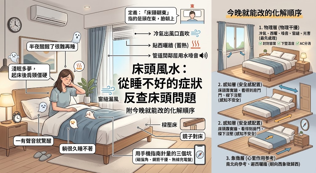 這是一張從睡眠困擾反查「床頭風水」問題的實境解說圖。畫面左側以一位睡眠品質不佳的女性為主體，直觀點出冷氣直吹、西曬蓄熱、窗縫漏風與樑壓床等導致失眠與肩頸僵硬的常見煞氣；右側則貼心提供今晚就能動手的改善指南，將化解順序分為物理干擾排除、安全感佈局與心理象徵三個層次，引導讀者循序漸進地打造安穩好眠的臥室空間。