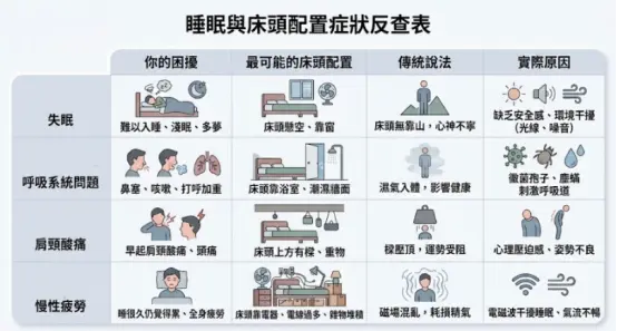 這是一份將「床頭風水」傳統禁忌與現代醫學環境結合的實用反查圖表。畫面將失眠、呼吸道問題、肩頸痠痛與慢性疲勞等四大健康困擾,分別對應到床頭懸空、緊鄰浴室、樑壓頂及靠近電器等不良臥室配置;表格同時並列了傳統說法與實際科學原因,例如將傳統的「濕氣入體」轉譯為黴菌塵蟎刺激呼吸道,幫助讀者以理性且務實的角度破除迷思並改善睡眠環境。