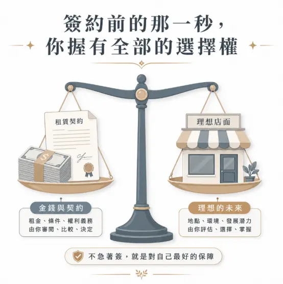 這是一幅提醒創業者在簽約前冷靜評估「店面風水」與合約條件的天平示意圖。畫面中央的天平兩端分別秤著象徵現實金錢的租賃契約，以及代表未來發展潛力的實體店鋪模型，圖文特別強調在落筆簽約的前一秒，租客握有絕對的選擇權，呼籲大眾切勿急躁，應仔細綜合衡量地點環境與租金義務，為自己的創業投資把關出最穩妥的保障。