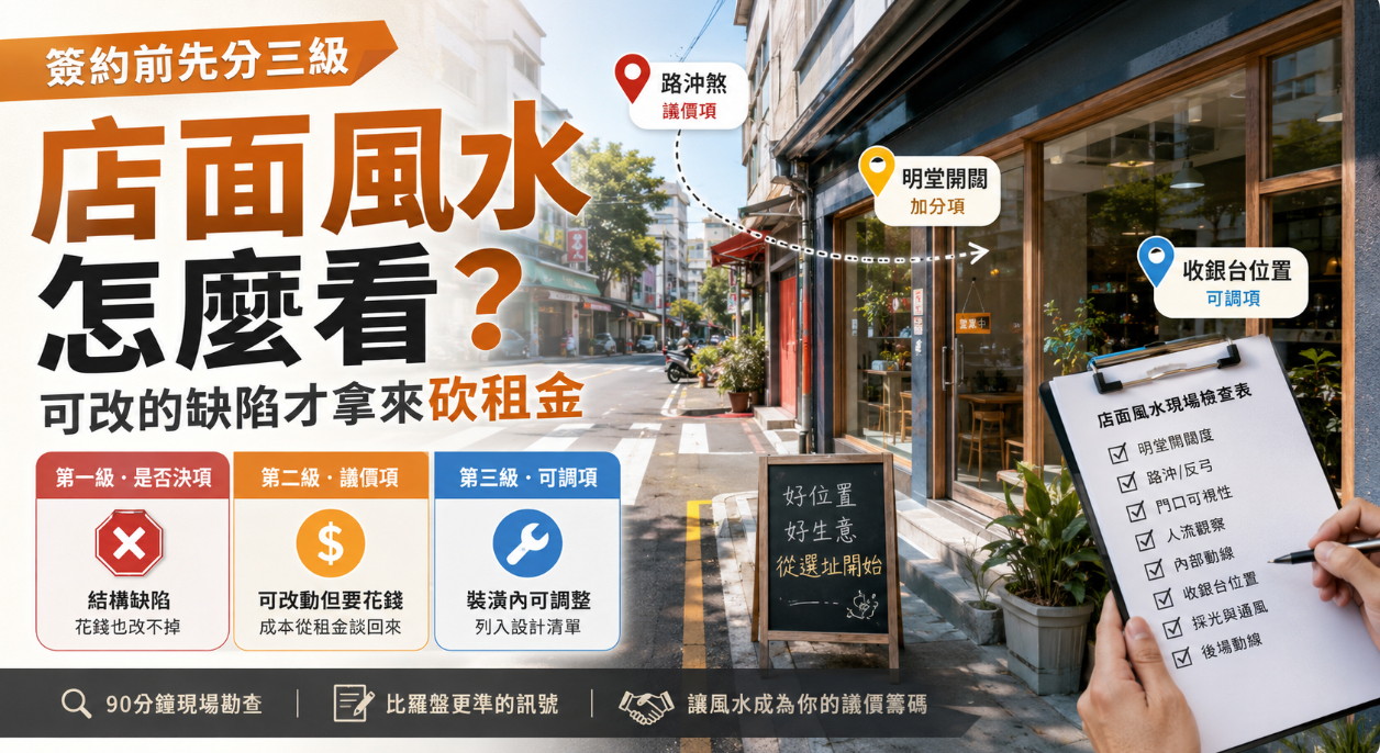 這是一張教導創業者如何科學評估「店面風水」的實戰教學圖。畫面以街邊店鋪實景搭配手持的現場檢查表，將風水狀況精準劃分為三大決策層級：包含花錢也改不掉的「否決項」、可作為砍租金籌碼的「議價項」（如路沖煞），以及能透過室內裝潢解決的「可調項」（如收銀台位置），引導新手老闆在簽約前保持理性，將風水缺陷轉化為實際的談判籌碼。