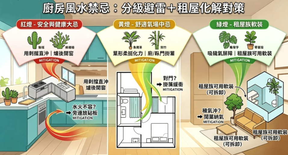 這是一幅解讀「廚房風水禁忌」分級化解的彩色資訊插畫。頂部以紅燈（安全健康大忌/水火相剋配砧板化解）、黃燈（氣場中忌/門對門加掛簾）、綠燈（租屋軟裝/闊葉植栽吸晦氣）進行紅黃綠燈三分法，下方搭配廚房與客廳實景圖，提供自住與租屋族免拆改的彈性避雷對策。