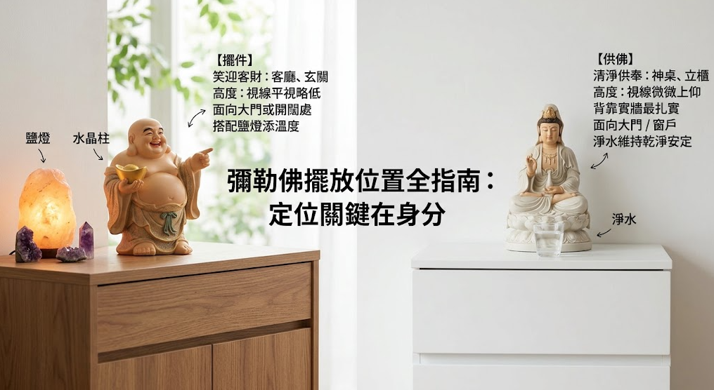這是一張解析「彌勒佛擺放位置」的實景對照圖。畫面左側展示作為招財擺件的笑口彌勒佛，建議置於客廳玄關且視線平視略低，並可搭配鹽燈增添空間溫度；右側則示範作為供奉佛像的莊嚴彌勒菩薩，強調需背靠實牆、視線微微仰視並供奉淨水，教導讀者務必依據神像身分來決定最正確的風水定位。