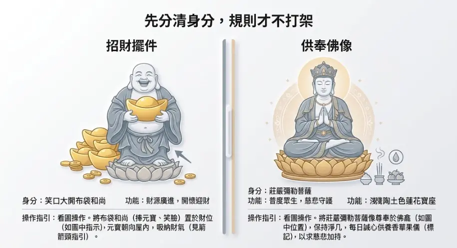 這是一幅幫助釐清「彌勒佛擺放位置」底層邏輯的極簡辨識圖卡。畫面左右對比了兩種常見的造型型態：左側為手捧元寶、象徵財源廣進的笑口布袋和尚招財擺件；右側為端坐蓮花台、旨在普度眾生與慈悲守護的莊嚴彌勒菩薩佛像。圖卡下方附上詳細的功能說明與操作指引，提醒讀者在進行風水佈置前，務必先確認神尊身分以免規則互相衝突。