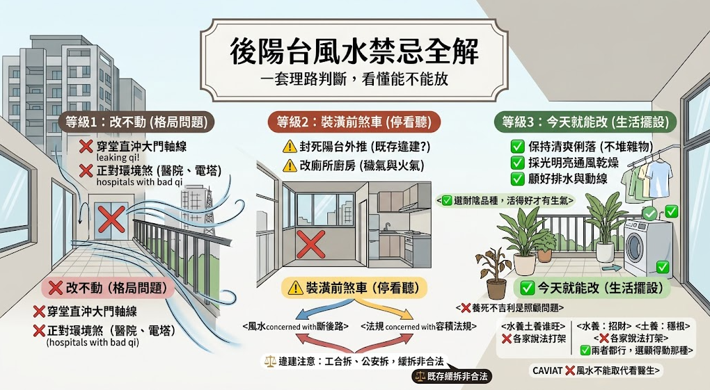 這是一張全面解析「後陽台風水禁忌」的實用圖解攻略。畫面將後陽台問題分為三個處理等級：等級一點出穿堂煞與面對醫院電塔等難以更動的格局硬傷；等級二提醒裝潢前應避免違法外推或亂改廚衛；等級三則提供立刻就能動手改善的生活建議，如保持空間清爽通風、避免堆積雜物與正確養護植栽，幫助讀者依據自身狀況務實地改善居家氣場。