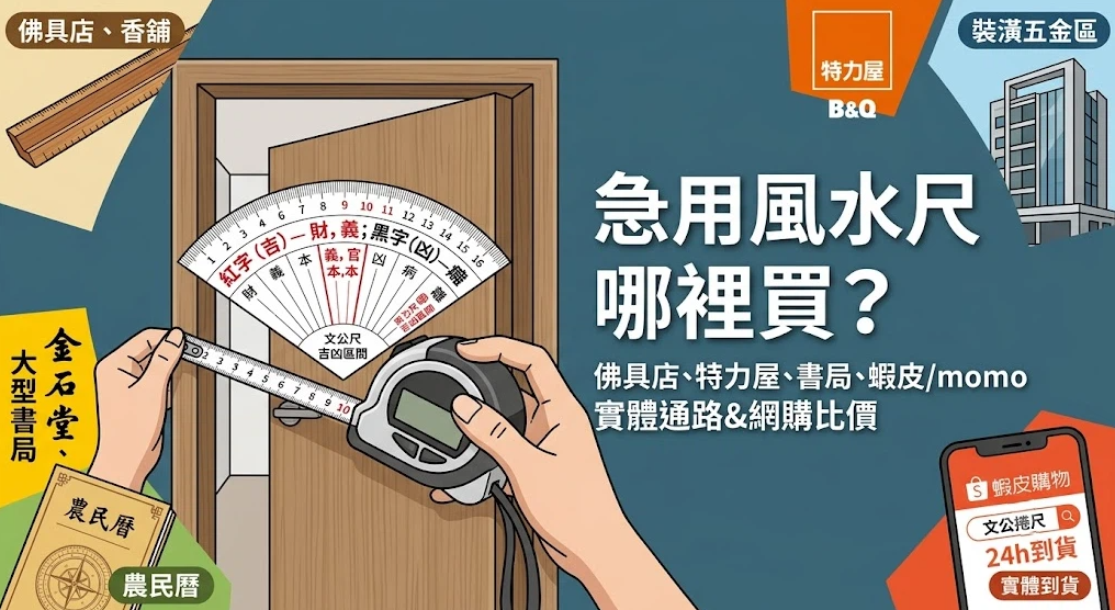 這是一幅解答「急用風水尺哪裡買」的綜合情境插畫。畫面中央展示使用魯班捲尺測量大門門框吉凶寸數的動作；四周以標籤與手機畫面整合特力屋五金區、佛具店香鋪、金石堂大型書局，以及蝦皮與 momo 等線上快速到貨平台，方便讀者依據急用程度快速選擇購買管道。