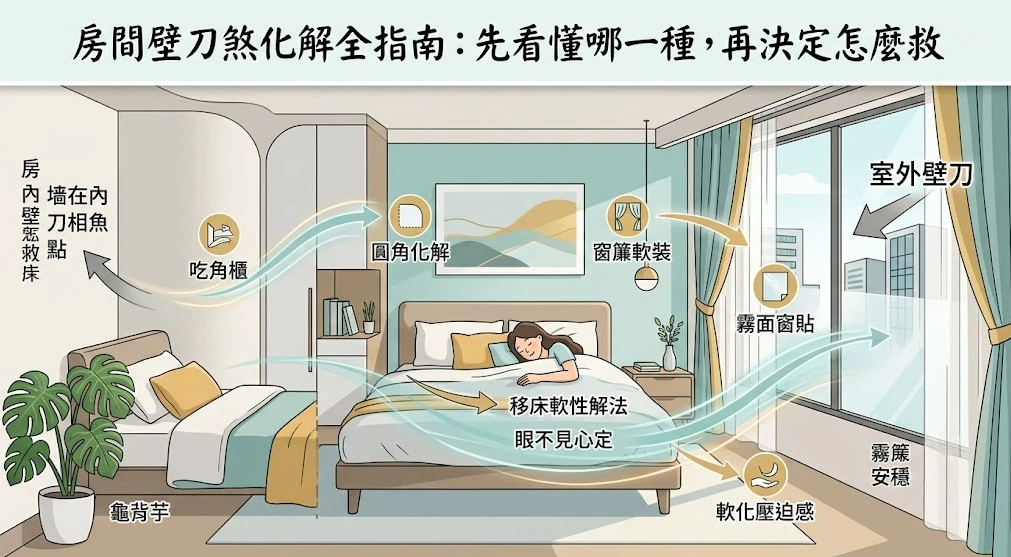 這是一幅解讀「房間壁刀煞化解」實務佈局的溫馨臥室插畫。畫面左側展示針對室內牆角切床，透過移床、吃角櫃與圓角設計化解；右側針對室外大樓壁刀，採用窗簾軟裝與霧面窗貼遮擋，引導讀者依據壁刀來源彈性調整，達到軟化壓迫感與安頓睡眠的功效。