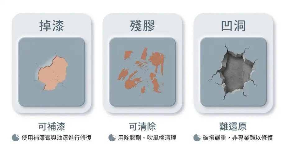這是一幅輔助評估「房間擺設」善後處理的牆面損傷對照圖卡。畫面由左至右列出三種常見的破壞情形：可利用補漆膏修復的掉漆、能用除膠劑清除的殘膠，以及非專業人員難以還原的嚴重破壞凹洞；透過直觀的圖示與修復難易度分類，提醒讀者在進行居家牆面佈置時應謹慎選擇合適的無痕工具。