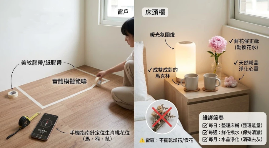 這是一張詳細解析「房間放什麼招桃花」的實作攻略圖。左側示範如何利用手機指南針找出專屬的生肖桃花位，並用紙膠帶在木地板上精準放樣；右側則展示床頭櫃的最佳開運佈置，建議擺放成雙成對的馬克杯、定期換水的鮮花以及天然粉晶來催旺正緣，同時強烈提醒避開乾燥花或假花等風水雷區，幫助讀者透過正確的物品擺設與日常維護來迎接好人緣。