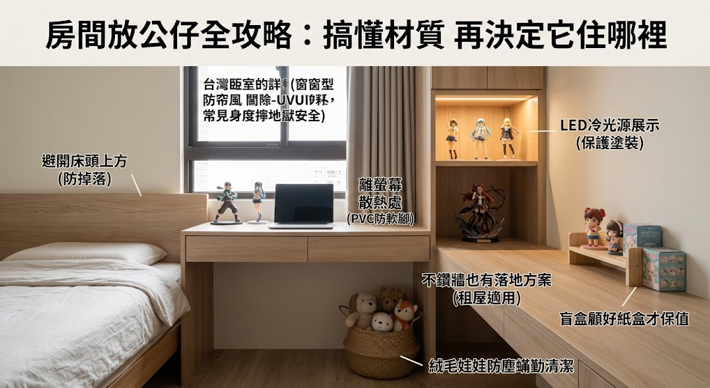 這是一張解析「房間放公仔」的實用實景佈置攻略圖。畫面以一間木質調臥室為背景，詳細標註了各類玩具的擺放禁忌與保養建議，例如避開床頭上方以防掉落危險、PVC模型需遠離螢幕散熱處防止軟化，以及建議使用LED冷光源展示櫃來保護塗裝，幫助讀者依據收藏品的材質特性，在房內規劃出安全又美觀的專屬展示空間。