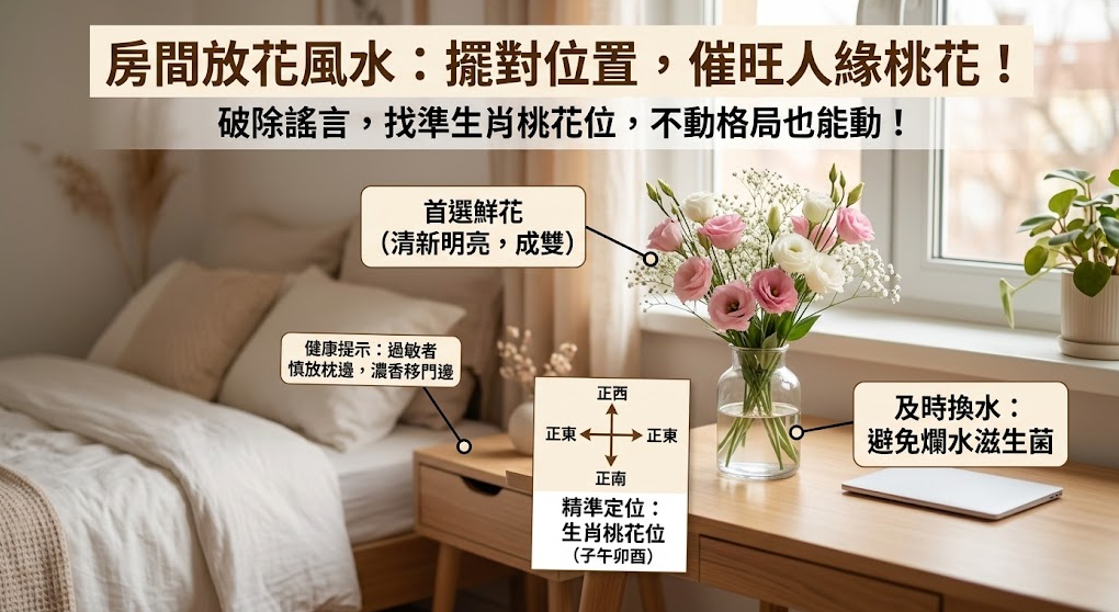 這是一張指導「房間放花風水」的臥室實景佈置圖。畫面中在窗邊書桌上擺放著一瓶明亮清新的鮮花，圖文詳細標註了催旺人緣的秘訣，包含首選成雙的鮮花並及時換水以避免滋生細菌；同時貼心提醒過敏者需將濃香花朵移離枕邊，引導讀者在不動格局的前提下，透過正確的鮮花擺放來安全地提升桃花運。