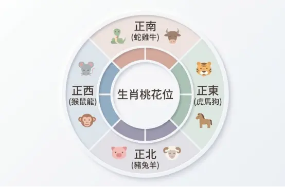 這是一幅輔助「房間放花風水」佈置的十二生肖專屬桃花位圖卡。畫面以簡約的同心圓設計，將生肖分為四組並對應至不同的正方位：正南屬蛇雞牛、正東屬虎馬狗、正北屬豬兔羊、正西屬猴鼠龍；透過清晰直觀的動物頭像與色彩分類，幫助讀者快速對照自身生肖，精準找出臥室內最適合擺放鮮花的招桃花方位。